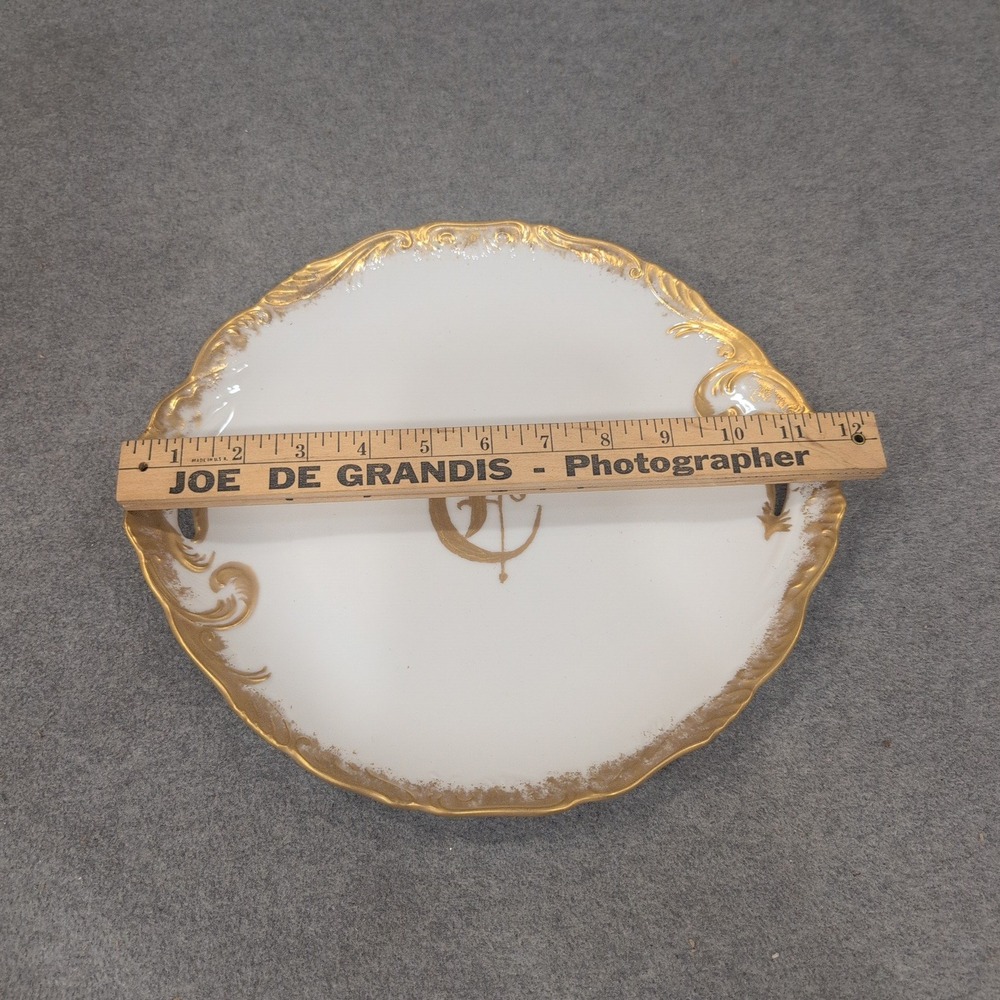 Annie Jones Hand Painted Porcelain Cake Plate Gold Gilt Monogram Scalloped White - Picture 2 of 5